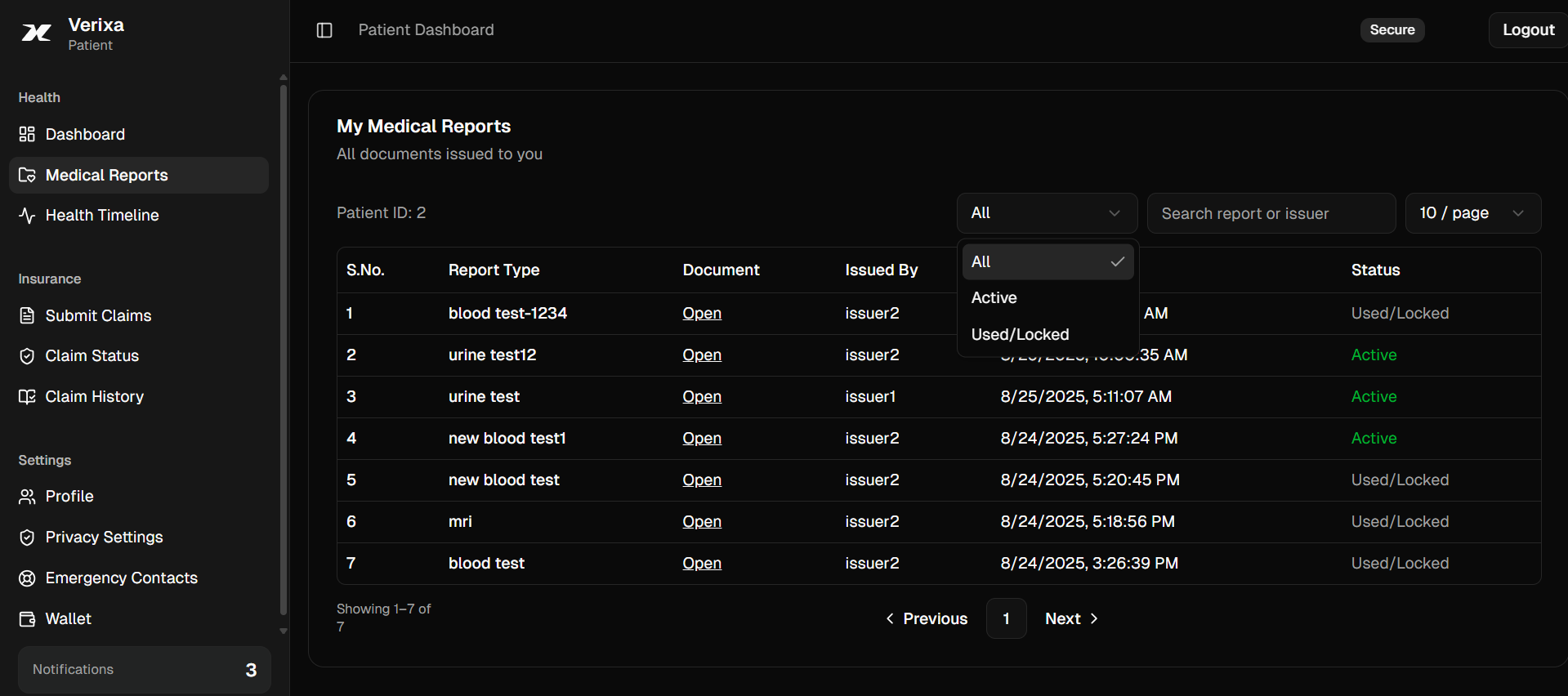 Patient – Medical Reports view
